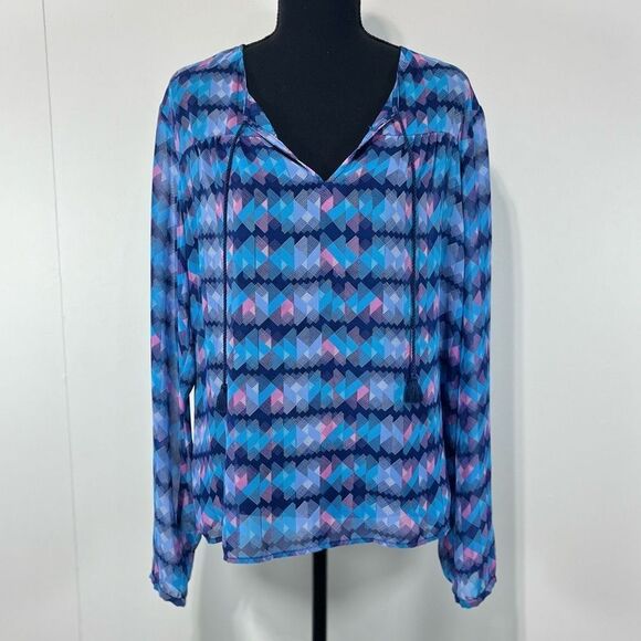Decree Sheer Abstract Long Sleeve Blouse Size L Women’s Blue / Purple Geometric - Picture 1 of 11